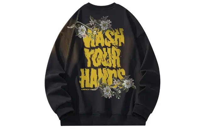 加菲猫家族 国潮时尚植物花卉泼墨字母背面印花经典百搭宽松休闲个性潮牌日常通勤圆领套头落肩长袖卫衣 男女同款