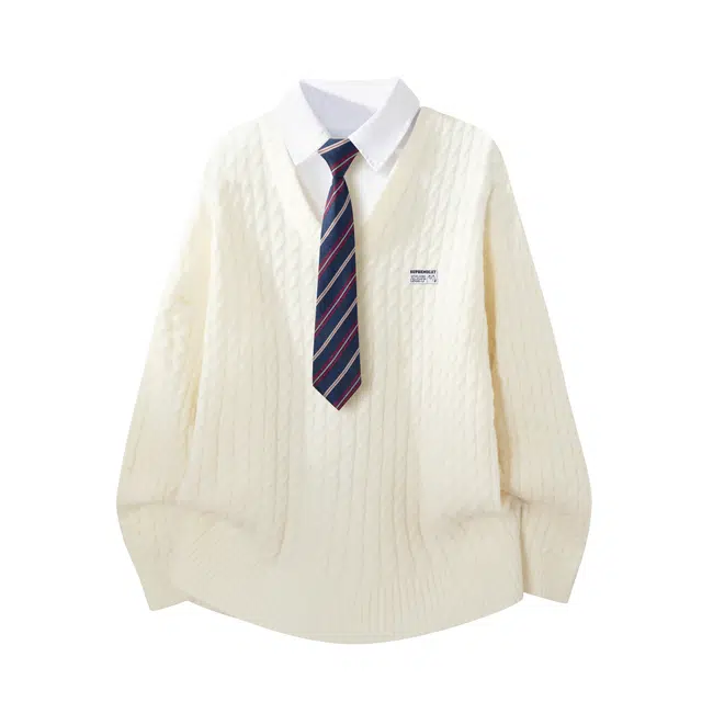 吾皇猫 美式学院风假两件拼接麻花条纹高级感设计慵懒宽松百搭休闲舒适日常通勤毛衣 男女同款