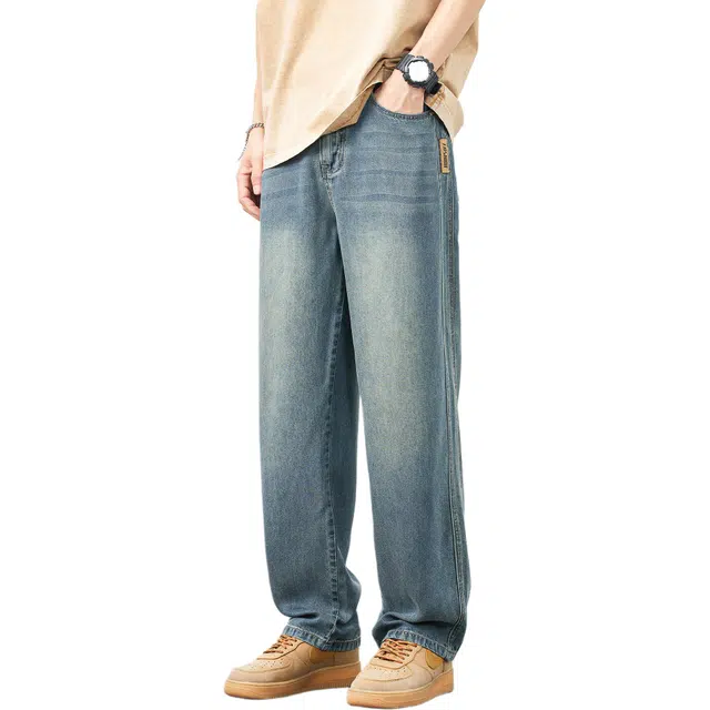 瑞梵帝斯 美式复古凉感透气休闲经典遮胯显瘦舒适柔软垂感宽松弹力日常通勤直筒高腰裤牛仔裤 男款