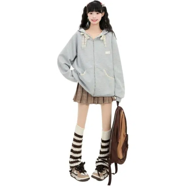 识恩 慵懒风灰色连帽外套卡通宽松设计感拉链开衫上衣卫衣 女款