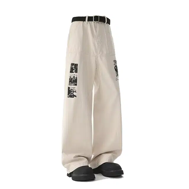 艾梵斯贝 美式复古潮流漫画印花韩版无性别日常通勤百搭潮酷时尚街头高街风个性宽松休闲直筒牛仔裤 男女同款