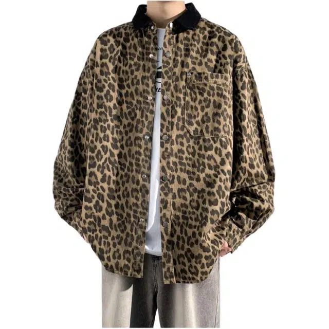 隐狼世家 豹纹长袖韩版潮流设计感小众港风痞帅日系衬衣外套帅气网红衬衫 男款