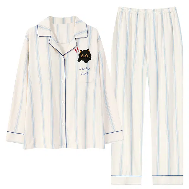 俏霓桐 春秋季时尚百搭可爱卡通小猫简约条纹纯棉亲肤带胸垫长袖长裤家居服可外穿睡衣套装 女款