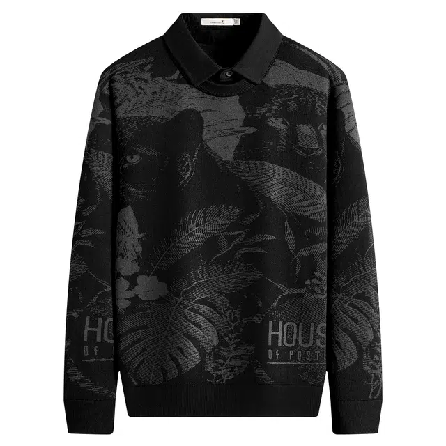 与狼共舞 羊毛亲肤保暖超柔软时尚假两件高街满印百搭翻领套头毛衣 男款