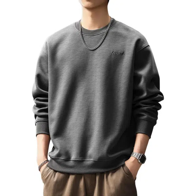 贵色 日系复古潮流百搭重磅圆领长袖潮牌纯色简约风刺绣设计感质感宽松日常出行上衣卫衣 男女同款