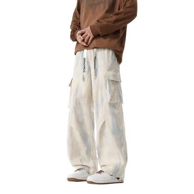 敦煌博物馆 美式潮牌高街机能风扎染设计感大口袋宽松休闲直筒潮流百搭垂感拖地工装裤 男女同款