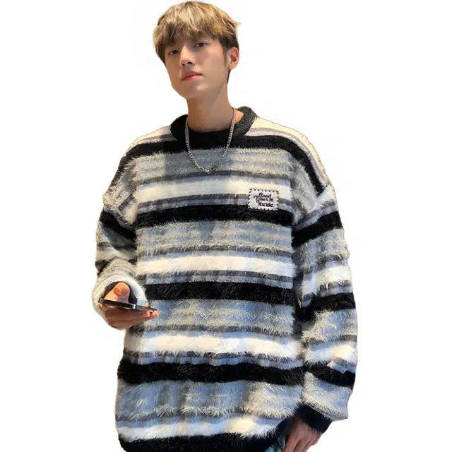 地界二 潮牌圆领拼色宽松套头百搭针织衫 男款