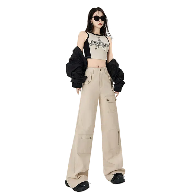 一碗士多 纯色多口袋工装美式复古潮流微喇不贴腿显高显瘦设计感简约拖地直筒小众日常百搭痞帅喇叭裤牛仔裤 男女同款