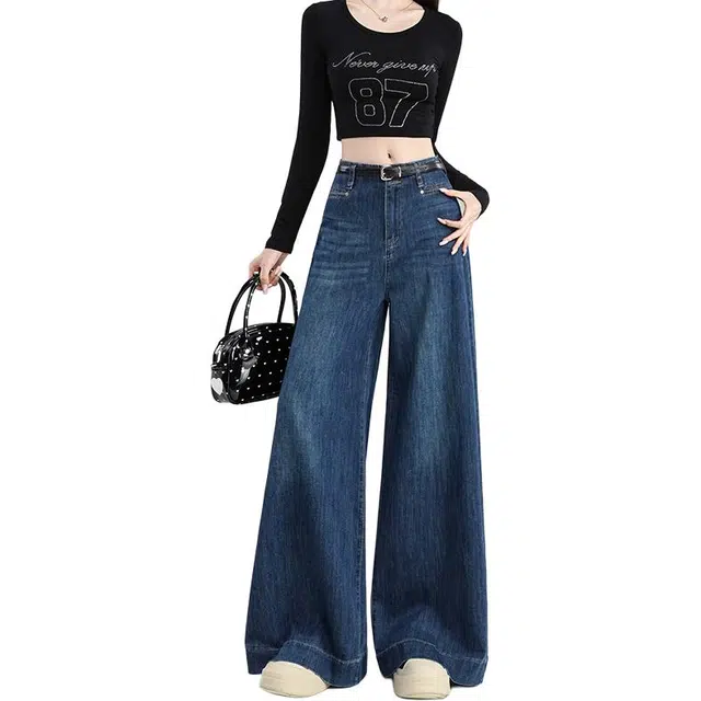 如续 美式复古阔腿女秋季高腰宽松显瘦垂感不贴腿喇叭裤牛仔裤 女款