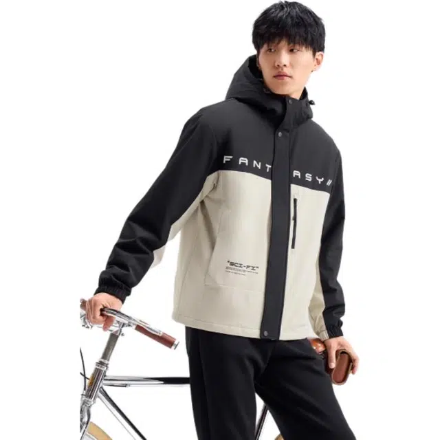 特步 生活系列 字母宽松连帽运动长袖棉服 男款 浮岩灰/正黑色