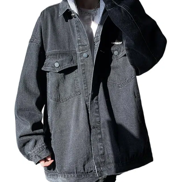 北极绒 假两件连帽春秋季高街潮牌宽松休闲工装夹克高街潮牌纯色牛仔外套 男款