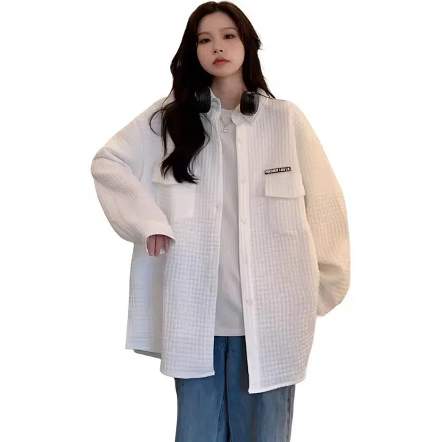 柏黛妃 春秋装美式潮牌设计感华夫格上衣女宽松长袖外套潮衬衫 女款