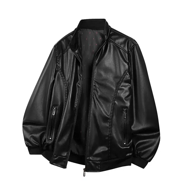 木林森 美式复古纯色机能风机车防风翻领加厚宽松长袖直筒美拉德垂感百搭英伦学院风休闲夹克皮衣 男女同款