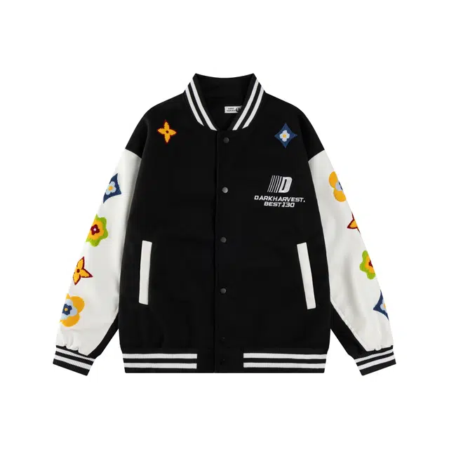 奇迹街区 美式复古国潮毛巾绣四时花刺绣撞色设计字母小众潮牌高街嘻哈碎花重磅棒球服机车舒适宽松日常百搭夹克 男女同款