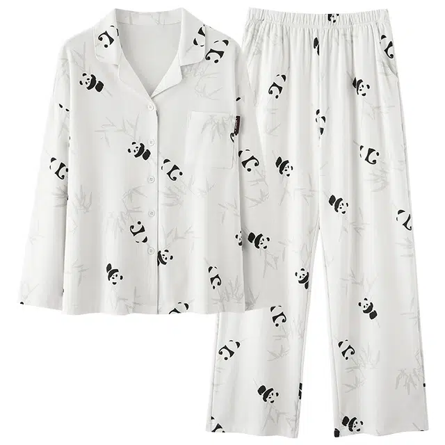 俏霓桐 春秋款可爱卡通熊猫甜美竹叶舒适纯棉亲肤长袖长裤家居服可外穿睡衣套装 女款