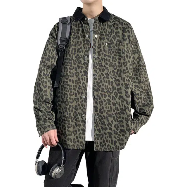 隐狼世家 豹纹长袖韩版潮流设计感小众港风痞帅日系衬衣外套帅气网红衬衫 男款