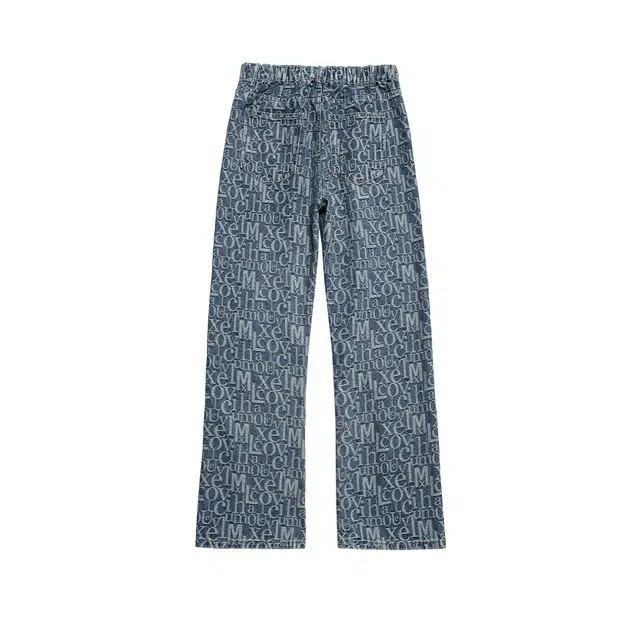 明尼凯 美式复古潮牌小众巴黎风手绘字母个性满印提花设计高级感宽松休闲时尚百搭潮流痞帅直筒垂感微喇牛仔裤 男女同款