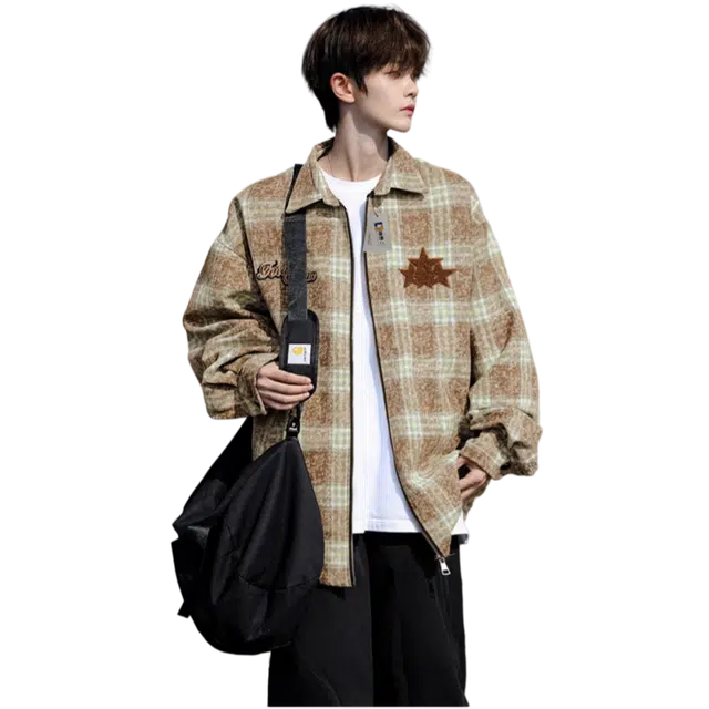 地界二 美式星星刺绣毛呢格子拉链外套男秋季潮流复古高级感夹克潮毛呢格子拉链常规宽松夹克 男款