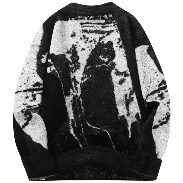 吾皇猫 美式复古高街学院风原创卡通动漫刺绣小标撞色拼接宽松百搭休闲慵懒风针织圆领套头内搭加厚保暖毛衣 男女同款