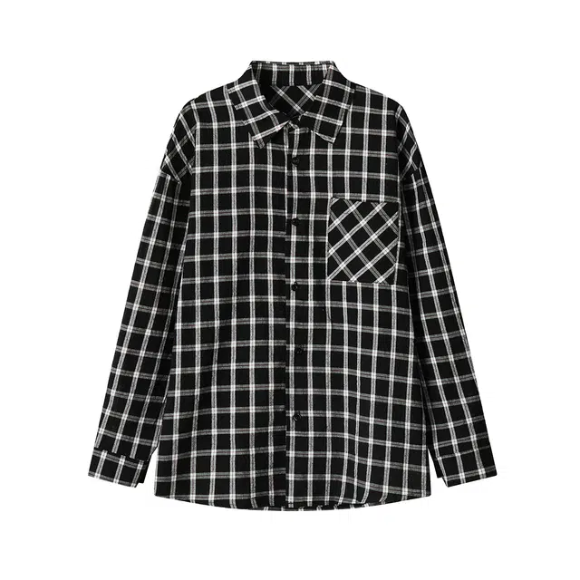 哲源 美式高街复古学院风长袖单排扣设计感情侣款翻领休闲衬衫 男女同款