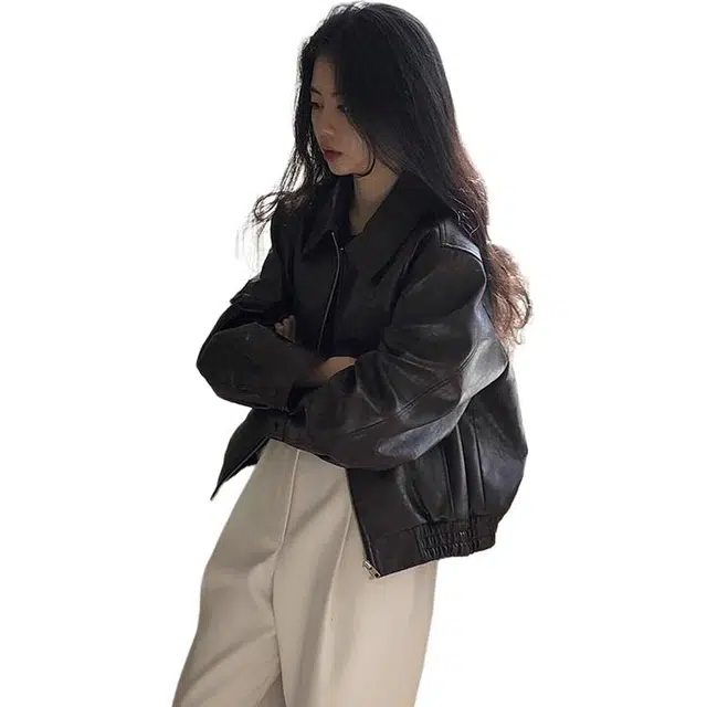 丝絮丝绸 短款外套酷飒风小个子机车气质复古宽松皮衣 女款