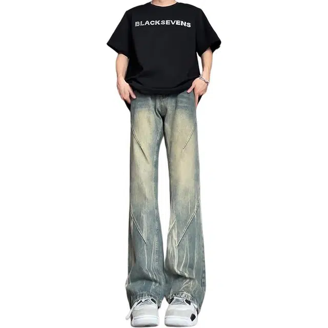 单爵 复古蓝扎染微喇裤男提裆做旧裤子牛仔裤 男女同款