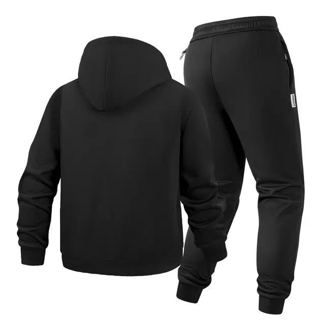 贵人鸟 纯色基础款加绒休闲连帽开衫卫衣保暖抽绳加厚系带束脚裤日常百搭运动套装 男款