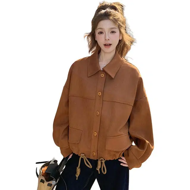 稻草人 复古麂皮绒翻领时尚流行夹克外套 女款