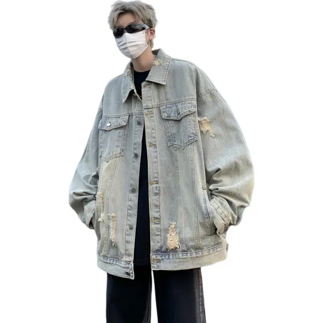 北极绒 街头美式复古做旧男女宽松潮牌秋冬男装休闲破洞夹克上衣复古做旧宽松潮牛仔外套 男款