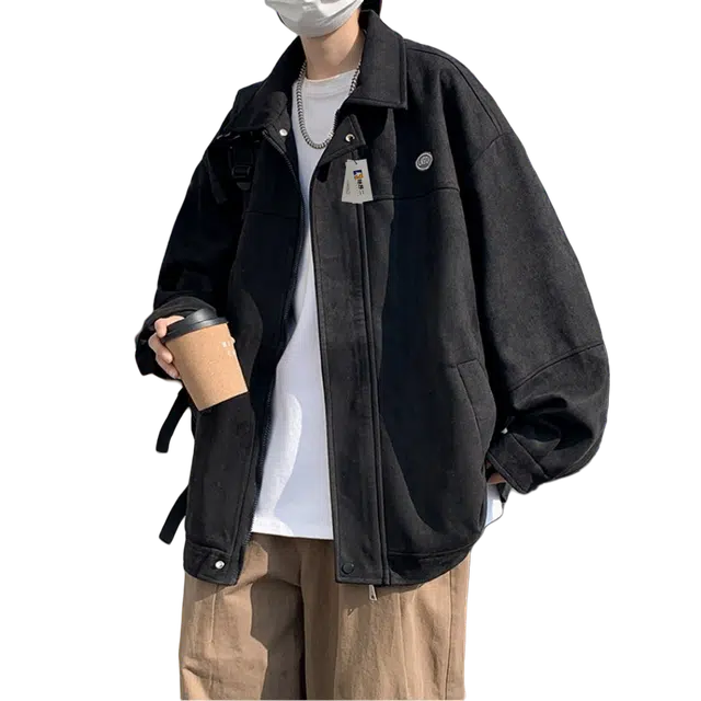 地界二 港风复古工装外套男生秋冬麂皮绒青少年休闲百搭翻领复古工装秋冬常规宽松夹克 男款