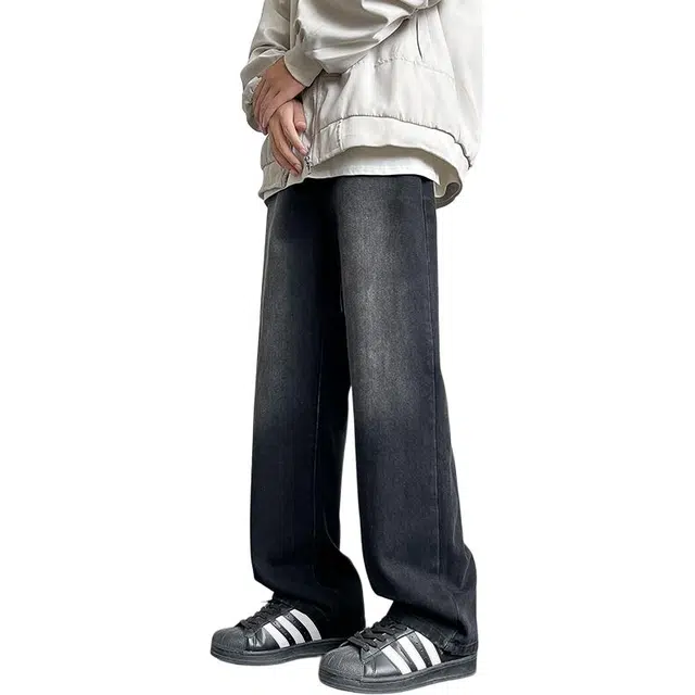 协协乐 高街风美式复古做旧水洗春秋季潮牌宽松直筒阔腿拖地青少年休闲百搭长裤牛仔裤 男款