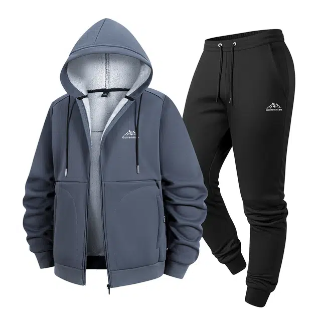 贵人鸟 简约基础纯色百搭加绒保暖户外跑步开衫连帽外套休闲束脚裤舒适运动套装 男款