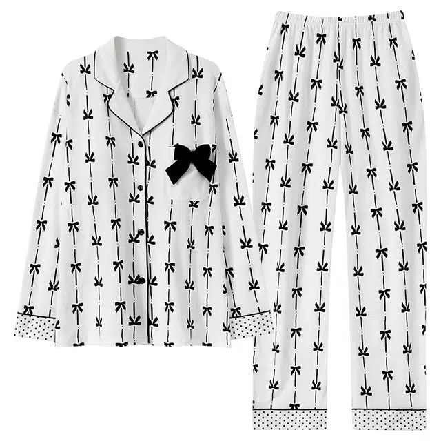 俏霓桐 春秋季甜美可爱蝴蝶结优雅休闲简约波点纯棉亲肤带胸垫长袖长裤家居服可外穿睡衣套装 女款