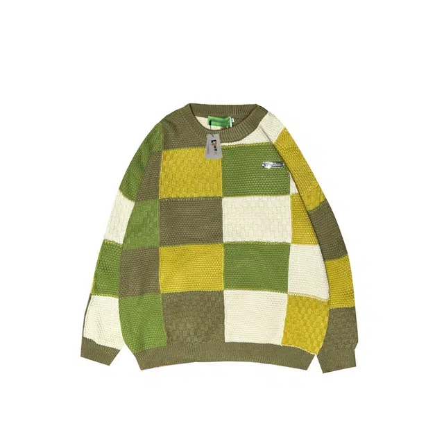 地界二 慵懒风拼色格子圆领男秋冬季日系百搭设计感外套拼色格子圆领常规青春活力风针织衫 男款