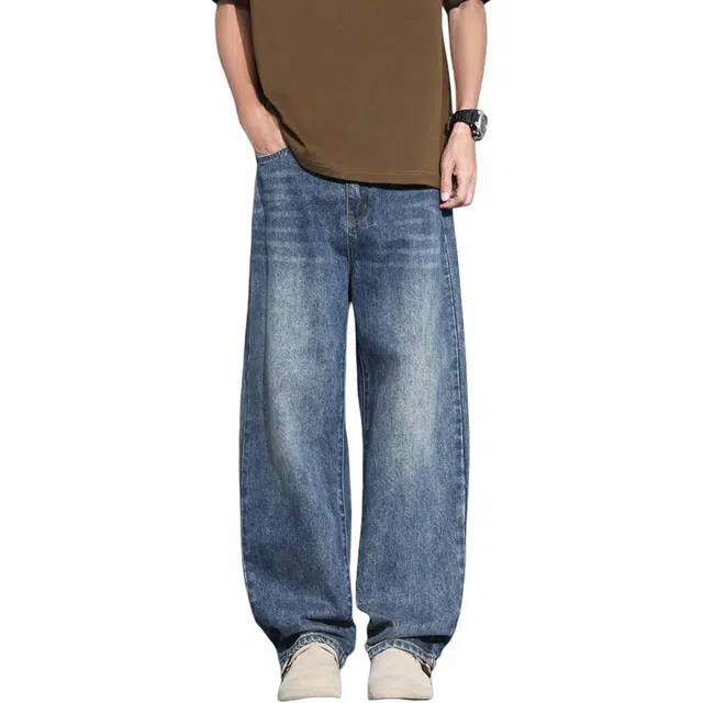 么宁 美式高街复古做旧水洗宽松直筒裤简约百搭个性痞帅阔腿休闲牛仔裤 男女同款