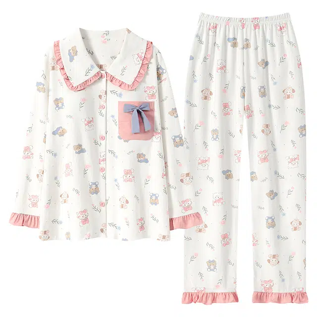 俏霓桐 春秋季简约可爱卡通小猫甜美蝴蝶结软萌休闲纯棉亲肤带胸垫长袖长裤家居服可外穿睡衣套装 女款