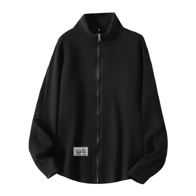 吾皇猫 原创美式复古高街简约基础款学院风立领开衫针织上衣慵懒风时尚贴布双拉链外套潮流潮牌痞帅百搭高级感长袖毛衣 男女同款