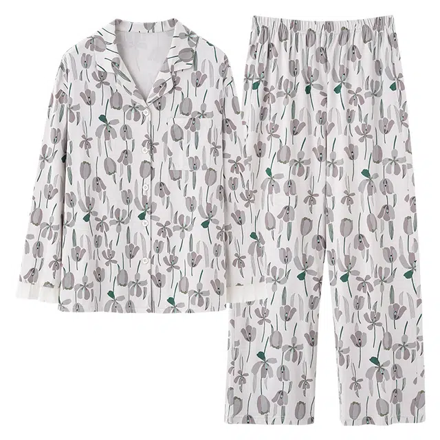 俏霓桐 春秋款复古精致花朵清新优雅甜美舒适纯棉亲肤长袖长裤家居服可外穿睡衣套装 女款