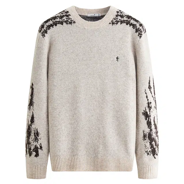 与狼共舞 羊毛时尚软糯亲肤舒弹肩袖提花圆领保暖针织加厚毛衣 男款