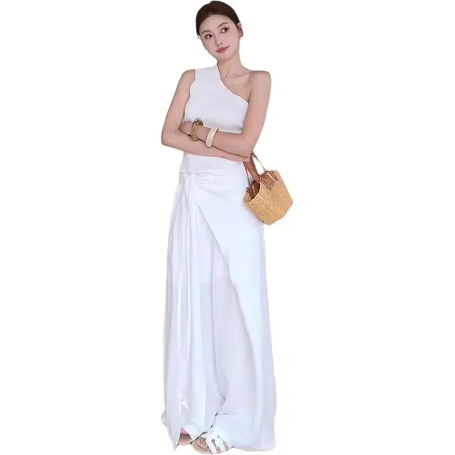 沐晓欣 夏季穿搭一整套超火巨好看斜肩上衣阔脚裤女休闲套装 女款