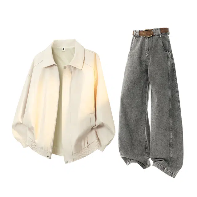 梓润格 秋季皮衣韩系港风高级感百搭经典宽松简约防风夹克外套酷飒帅气时尚潮流设计感弯刀复古水洗解构阔腿拖地裤休闲运动套装 男女同款