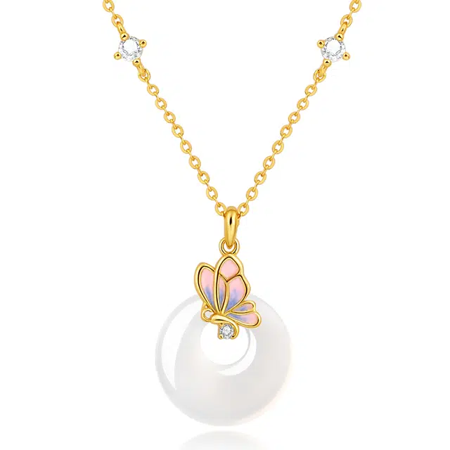 老凤祥 蝴蝶平安扣 新中式国潮时尚大气 平安顺遂精致小巧通勤百搭高级感#好运 玉髓 项链 女款