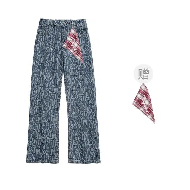 明尼凯 美式复古潮牌小众巴黎风手绘字母个性满印提花设计高级感宽松休闲时尚百搭潮流痞帅直筒垂感微喇牛仔裤 男女同款