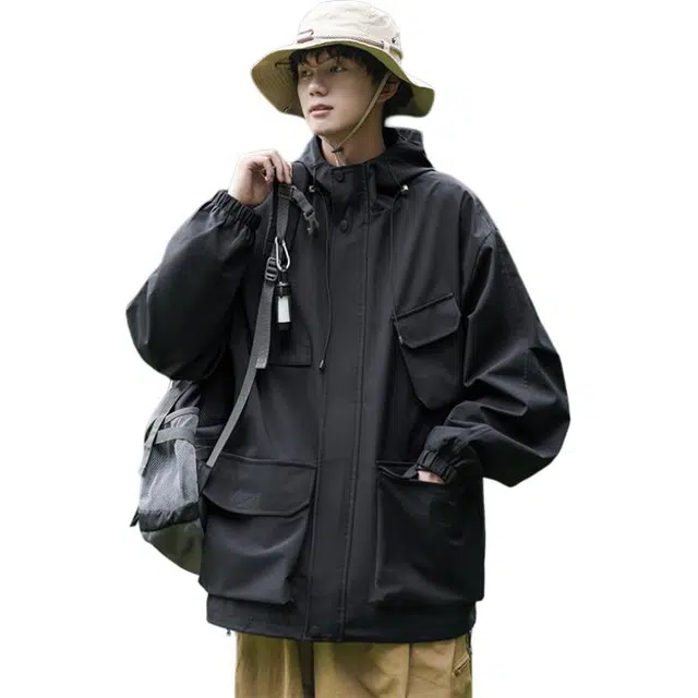 隐狼世家 秋季户外防水工装男女中性多口袋连帽外套日系潮牌机能冲锋衣夹克 男款