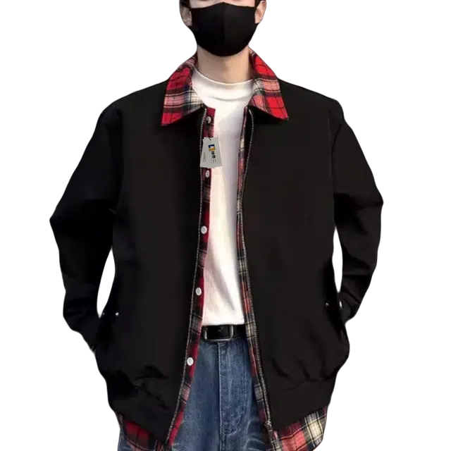 地界二 美式复古拼接格子假两件翻领行政男格纹棒球服外套复古拼接格子宽松夹克 男款