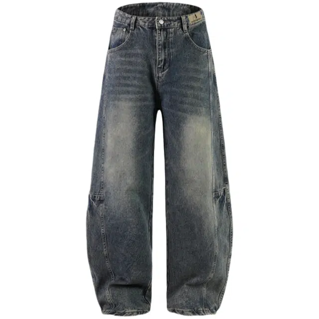 半空山 美式复古高街纯色简约解构拼接褶皱立体裁剪弯刀牛仔裤 男女同款