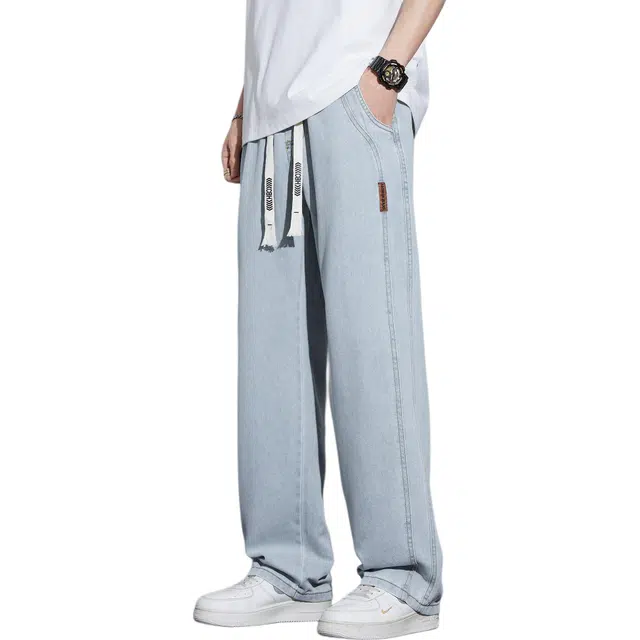 瑞梵帝斯 夏季莱赛尔美式潮牌宽松阔腿版型百搭休闲长裤透气舒适面料潮流时尚青年街头风重磅裤男士牛仔裤 男款