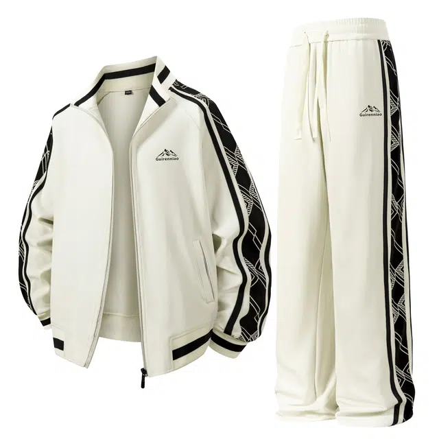 贵人鸟 美式潮流宽松条纹侧边不规则设计开衫外套休闲直筒长裤百搭运动套装 男款