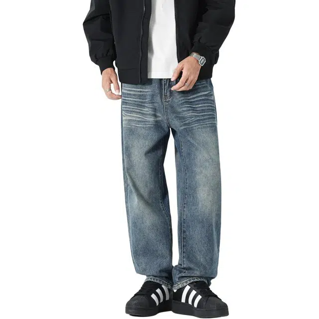 么宁 美式高街复古做旧水洗宽松直筒裤简约百搭休闲长裤个性痞帅阔腿牛仔裤 男女同款