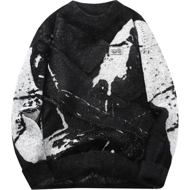 吾皇猫 美式复古高街学院风原创卡通动漫刺绣小标撞色拼接宽松百搭休闲慵懒风针织圆领套头内搭加厚保暖毛衣 男女同款